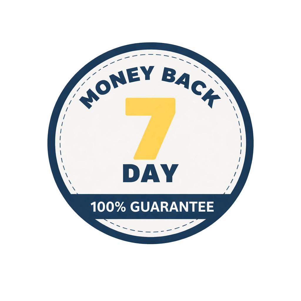 7 Day IPTV Money Back Guarantee badge with 100 percent guarantee label
