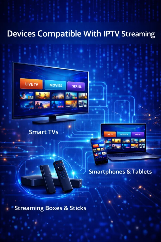 Diagram showing IPTV compatible devices including Smart TVs, streaming boxes, smartphones, tablets, and laptops.