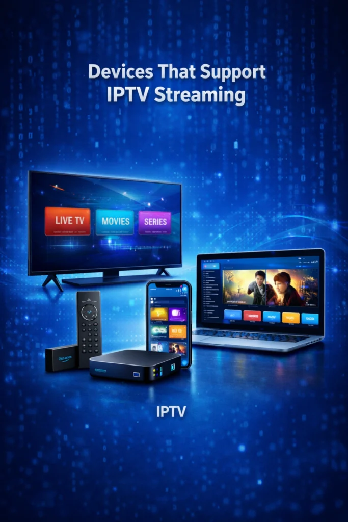 Devices that support IPTV streaming including smart TV, Firestick, IPTV box, smartphone and laptop