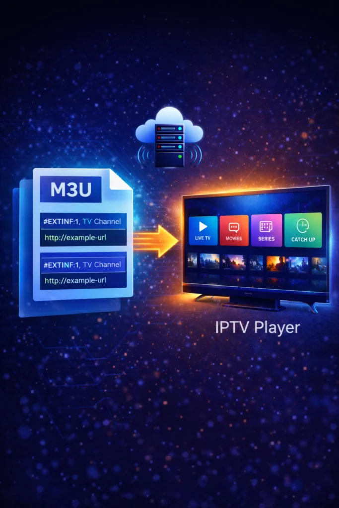 How an M3U IPTV playlist connects to an IPTV player through a streaming server