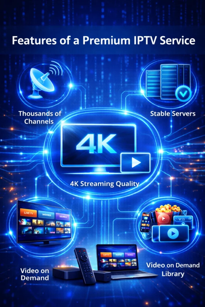 Technical diagram showing how IPTV streaming works using servers, internet delivery and multiple devices.