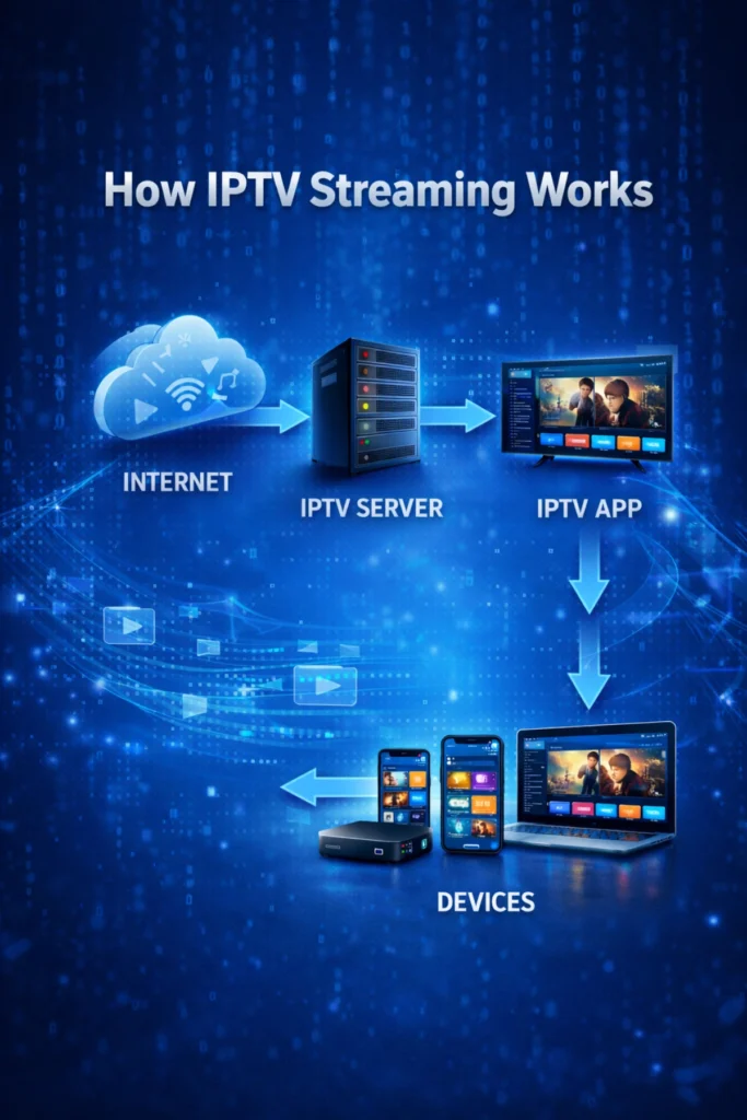 How IPTV streaming works diagram showing internet connection, IPTV server and streaming devices