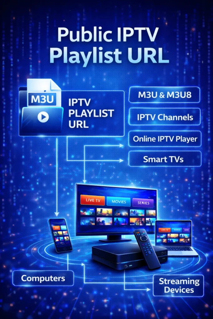 Flowchart explaining how a public IPTV playlist URL connects IPTV players, M3U files, and streaming channels