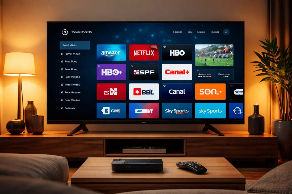 IPTV streaming interface showing live TV channels and video on demand apps