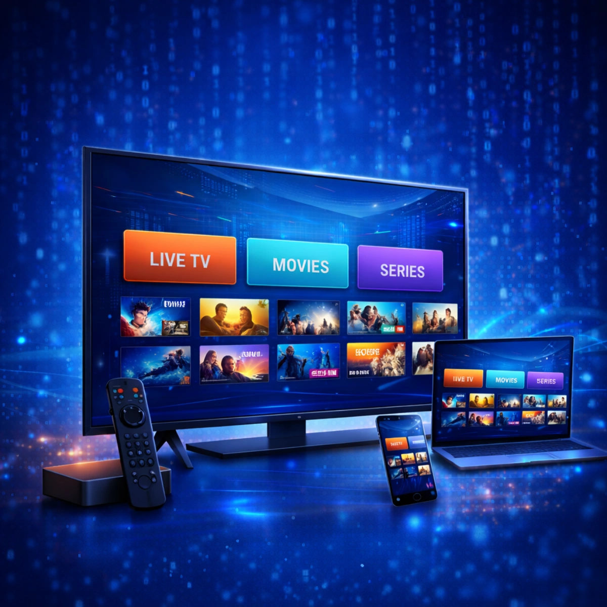 Infographic showing IPTV service features including 4K streaming quality, stable servers, video on demand library, and thousands of live channels.