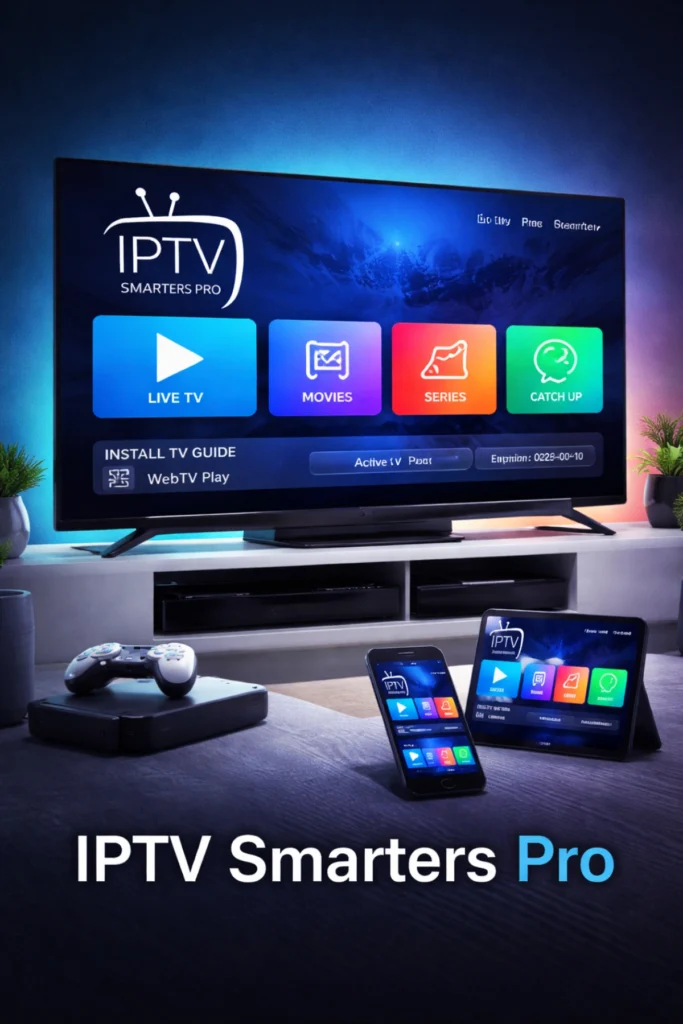 IPTV Smarters Pro IPTV player interface displayed on a smart TV with streaming devices