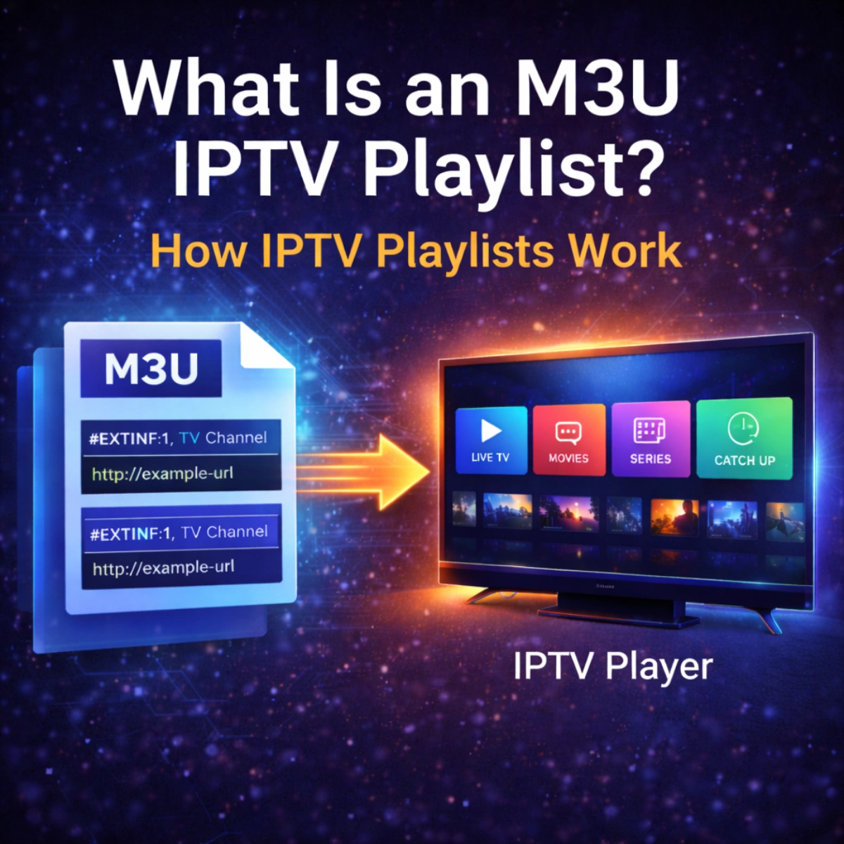 M3U IPTV playlist explained showing how IPTV playlist URLs connect to an IPTV player interface