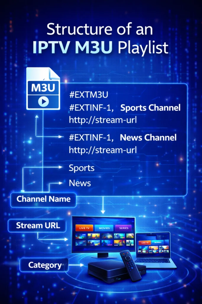 Diagram explaining the structure of an IPTV M3U playlist including channel name, stream URL, and category