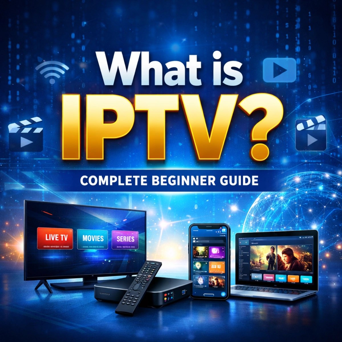 What is IPTV streaming service illustration showing smart TV, IPTV box and digital streaming interface