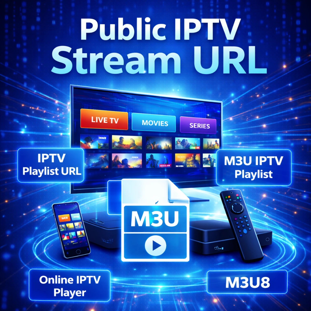Public IPTV stream URL illustration showing IPTV playlist, streaming devices, and IPTV player interface